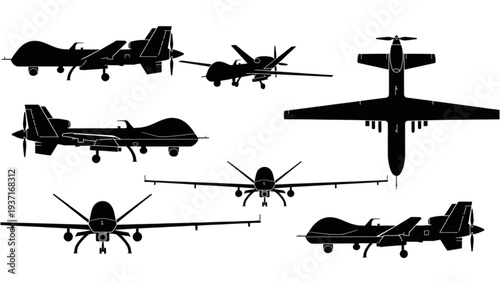 Multiple military aircraft silhouettes displayed against a clear background from various viewpoints and angles