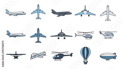 A diverse collection of aircraft and air travel illustrations from various viewpoints