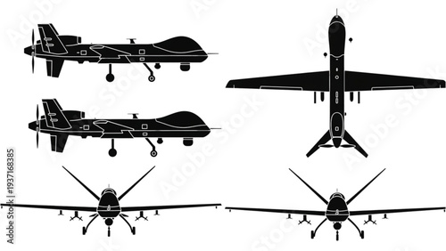 Multiple drone aircraft silhouettes displayed from various viewpoints on a clean background