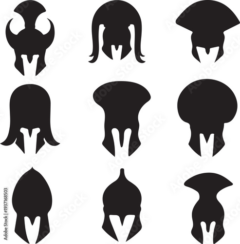 Collection of nine distinct silhouette helmet designs vector graphics on a transparent background showcasing warrior and fantasy headwear styles