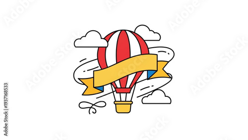 Colorful hot air balloon soaring high among fluffy clouds with banner