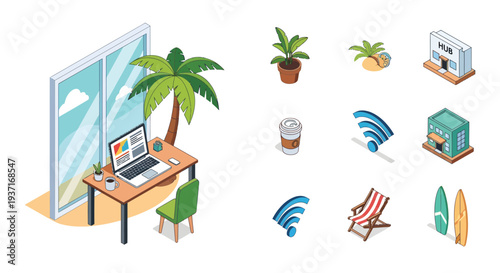 Modern isometric remote workspace illustration with tropical window view and palm tree. Icons for digital nomad life, travel, and connectivity