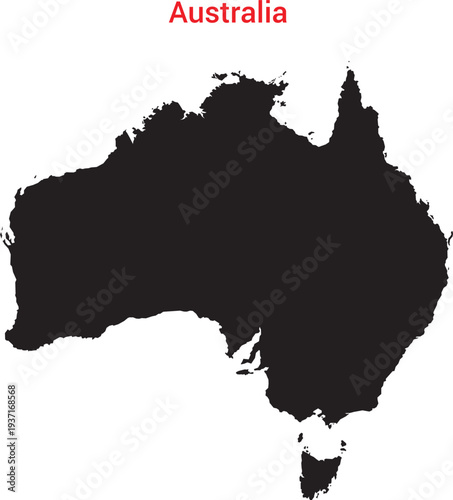 A black silhouette map of australia with red country name