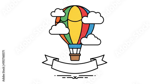 Vibrant Hot Air Balloon Soars Through Sky With Ribbon Banner Illustration