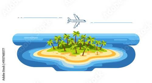 Illustrative journey to a tropical island, depicting an airplane on its swift path to a serene beach paradise for a relaxing and memorable vacation getaway