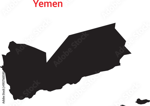 A black silhouette map of yemen with red country name