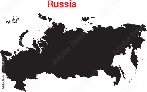 A black silhouette map of russia with red country name