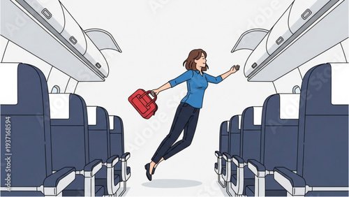 Woman floating down airplane aisle with luggage in hand, viewed from side