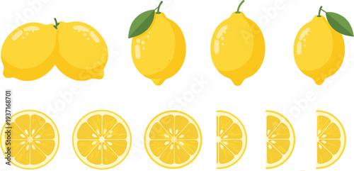 Lemon Icon Set Featuring Whole Lemons and Lemon Slice Cross Sections for Fresh Citrus Design, Healthy Food Illustration and Organic Juice Graphics