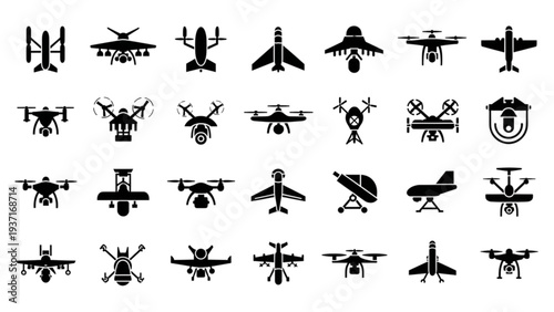 Various aircraft silhouettes displayed in a grid pattern on a plain background from a straightforward viewpoint