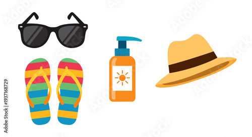 Summer vacation essentials collection sunglasses, colorful flip-flops, sun lotion, and a straw hat. Perfect for sunny beach days and outdoor enjoyment