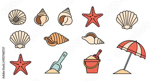 Vibrant vector collection of summer beach essentials featuring diverse seashells, colorful starfish, sand bucket, shovel, and classic beach umbrella illustrations