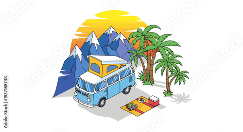 Vibrant illustration of a classic blue camper van on an adventurous summer road trip, parked between majestic mountains and sunny palm trees, celebrating outdoor freedom