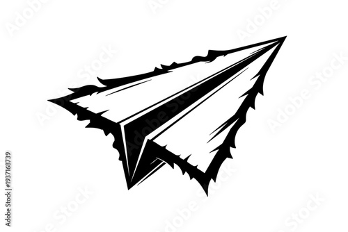 Paper airplane graphic illustration on white background with bold black lines and jagged edges