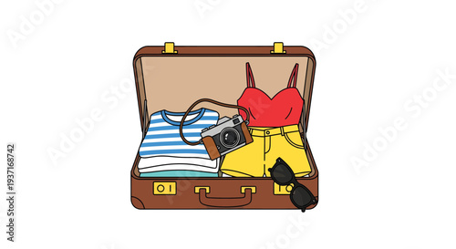 Vibrantly packed open suitcase showcasing summer outfits, a classic camera, and stylish sunglasses, perfectly ready for an exciting and unforgettable vacation getaway
