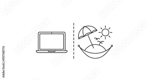 Illustrative concept highlighting the juxtaposition of a productive work environment using a laptop versus the tranquil allure of a beach holiday for relaxation