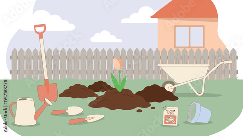 Gardening scene with tools, soil, a blooming tulip, and a house in the background