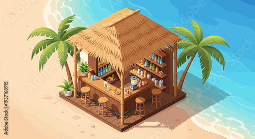Vibrant isometric tiki bar on a sun-drenched beach, offering expertly mixed tropical cocktails and a serene oceanfront experience
