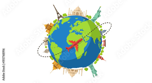 Captivating illustration of a vibrant globe adorned with iconic international landmarks, showcasing an airplane's dynamic journey for global travel, tourism, and cultural exploration across continents