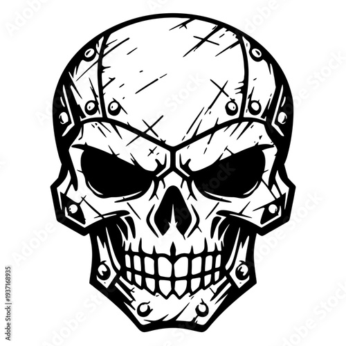 a skull with rivets on the face and a menacing look, symbolizing danger and intensity