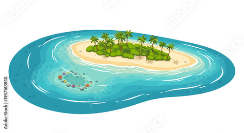 Vibrant tropical island paradise illustration with golden sandy beaches, lush palm trees, and clear turquoise waters, an idyllic dream