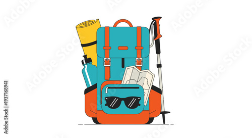 Illustrated hiking and camping backpack with essential gear, packed and ready for outdoor adventure and exploration
