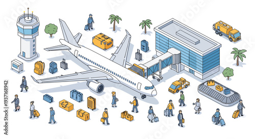 Vibrant isometric airport scene illustrating a modern travel hub with an airplane, busy terminal, control tower, and diverse passengers navigating their journey with luggage
