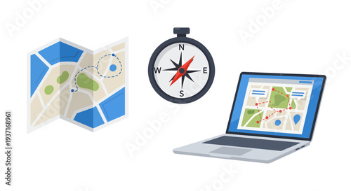 Navigation Essentials Digital Maps on a Laptop, Traditional Paper Map, and a Compass for Efficient Travel Planning and Location Discovery