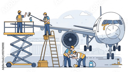 Aircraft maintenance personnel servicing an airplane on a platform with various tools and equipment