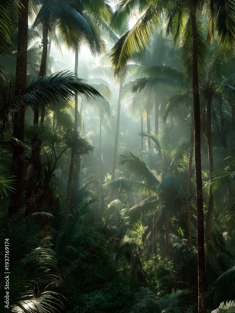 Naklejka premium Sunlight Illuminates Lush Tropical Jungle Palm Trees and Dense Foliage