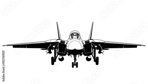 Front view of a fighter jet on landing gear with engines and wings spread wide