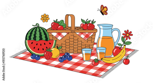 Picnic scene with fruits, basket, and refreshments on a checkered blanket outdoors viewed from above