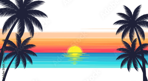 Tropical beach scene with palm trees and serene ocean at sunset viewed from a distant perspective illustration