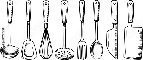 Hand Drawn Collection of Kitchen Utensils and Knives White Background tools cooking