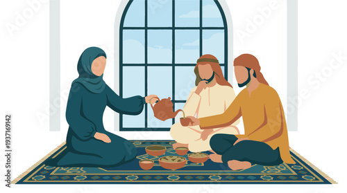 Arabic people enjoying a traditional meal and tea ceremony together