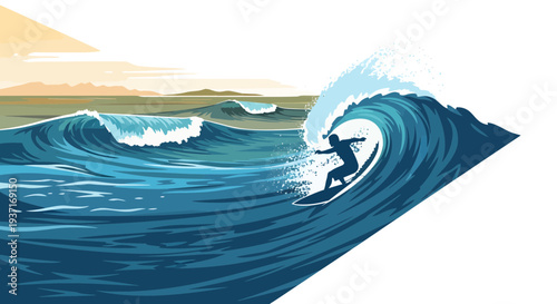 Surfer riding a massive wave at the beach from a low viewpoint, capturing the thrill of the sport