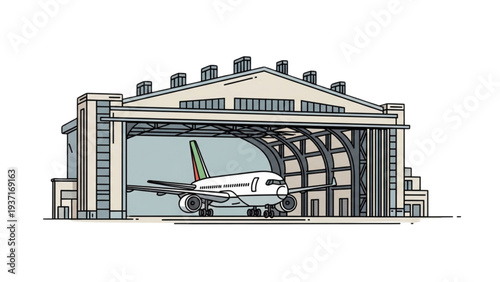 Airplane inside airport hangar during maintenance from outside viewpoint