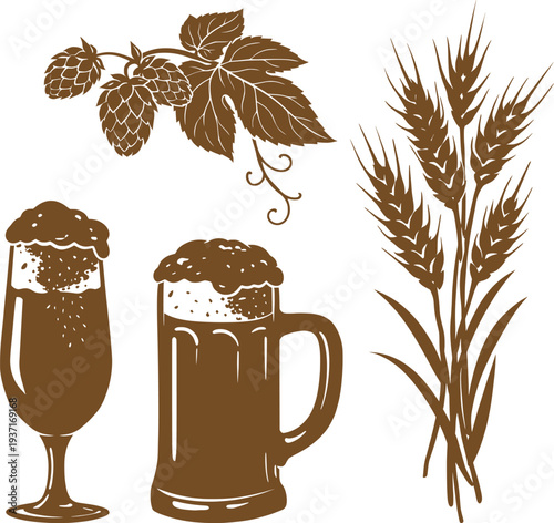 Vintage Beer Brewing Elements Illustration, Hops, Barley, Wheat, and Beer Glasses Retro Vector Set.