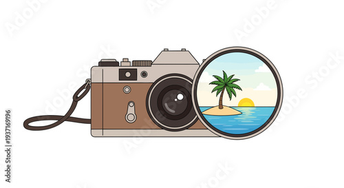 A camera lens focuses on a serene tropical island with a palm tree, sun, and ocean, captured from a unique viewpoint