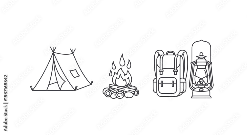 Fototapeta premium Camping scene with tent, campfire, backpack, and lantern, outdoors, top view, vector illustration