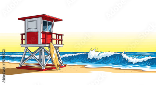 Lifeguard tower standing on sandy beach with crashing ocean waves at sunset viewpoint