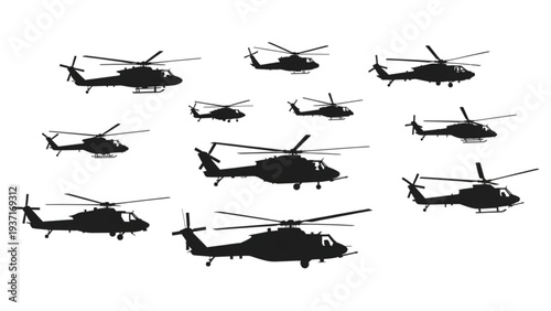 Collection of various helicopter silhouettes in different orientations and sizes displayed from multiple viewpoints