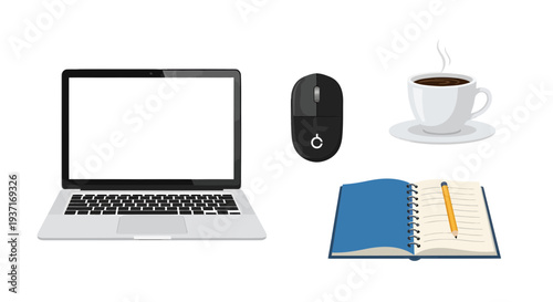 Modern office setup with laptop, mouse, notebook, and coffee cup on a clean white surface viewed from directly above