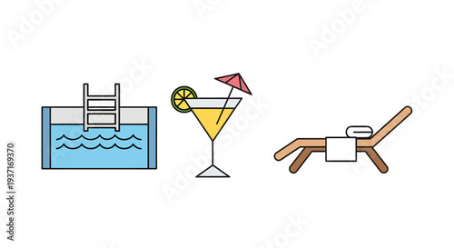 Colorful vector art collection showcasing vacation essentials like a swimming pool, a refreshing summer cocktail, and a comfortable sunbed for ultimate relaxation