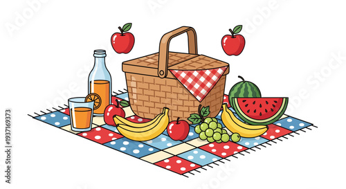 Cheerful summer picnic illustration with a traditional basket, fresh fruits, and juice on a patterned blanket, for outdoor relaxation and healthy eating
