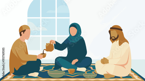 Muslim people sharing tea and food during a cultural gathering illustration