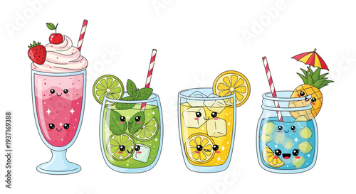 Adorable cartoon summer drinks collection featuring sweet kawaii faces. Refreshing mojito, zesty lemonade, strawberry shake, and a fun tropical beverage vector illustration