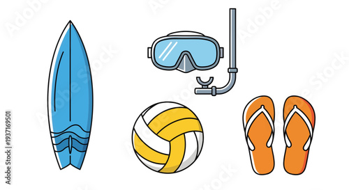 Essential summer beach vacation items collection, featuring a surfboard, snorkel gear, a volleyball, and flip-flops, ready for sun, sand, and ocean fun on your next holiday getaway