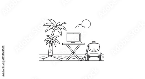 Digital Nomad Lifestyle by the Beach Vector Illustration. Remote Work and Freelance Freedom in a Tropical Paradise Setting with Laptop, Palm Trees, and Ocean View