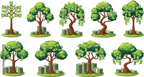 Money Tree Concept Illustration Set with Dollar Bills Growing on Branches, Wealth Growth, Financial Success, Investment Profit, and Passive Income Vector Collection